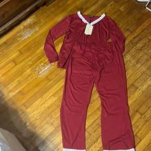 Aranee long sleeve, red pajamas/ loungewear with lace trim